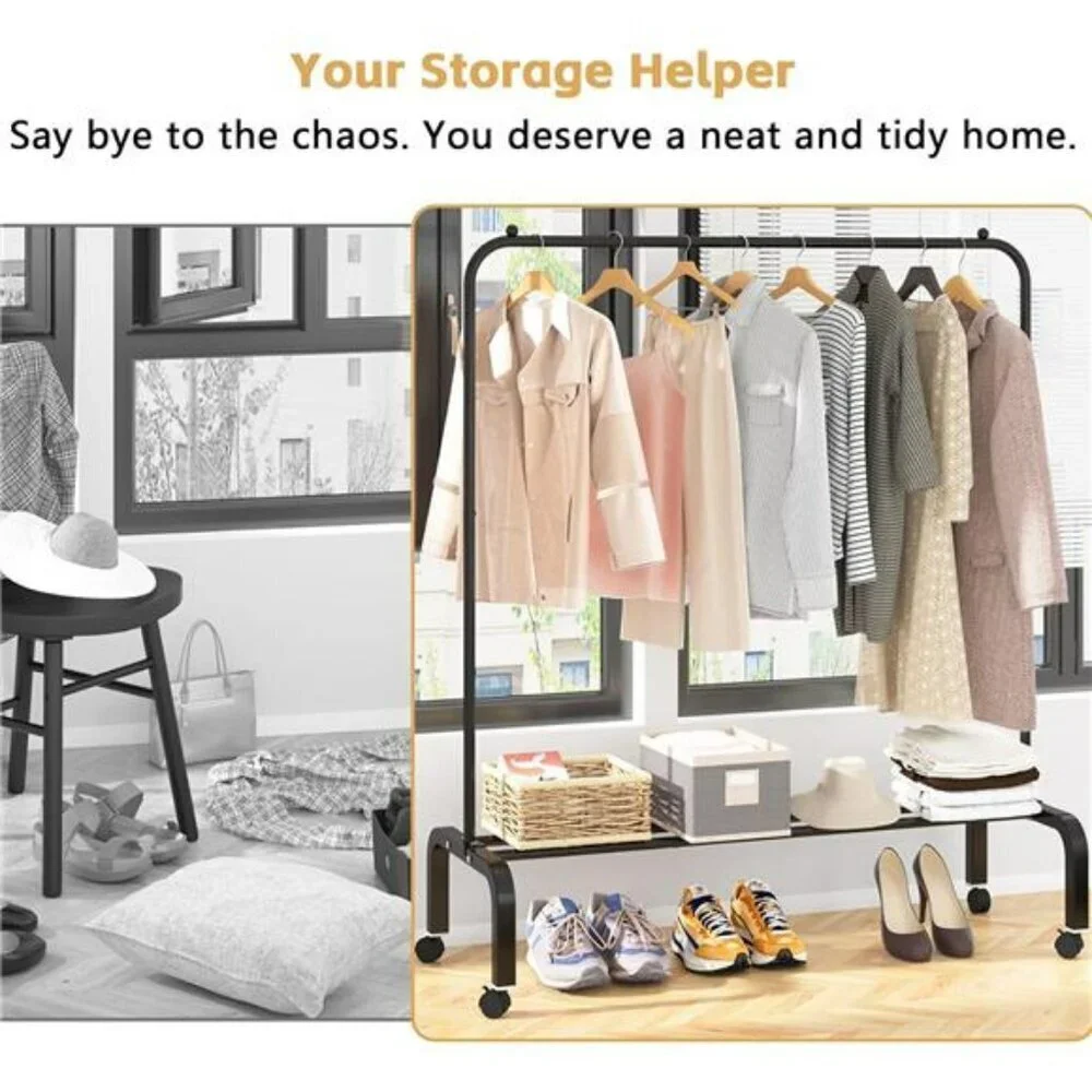 Rolling Clothes Rack Metal Garment Rack with Wheels Shelf for Hanging Clothes